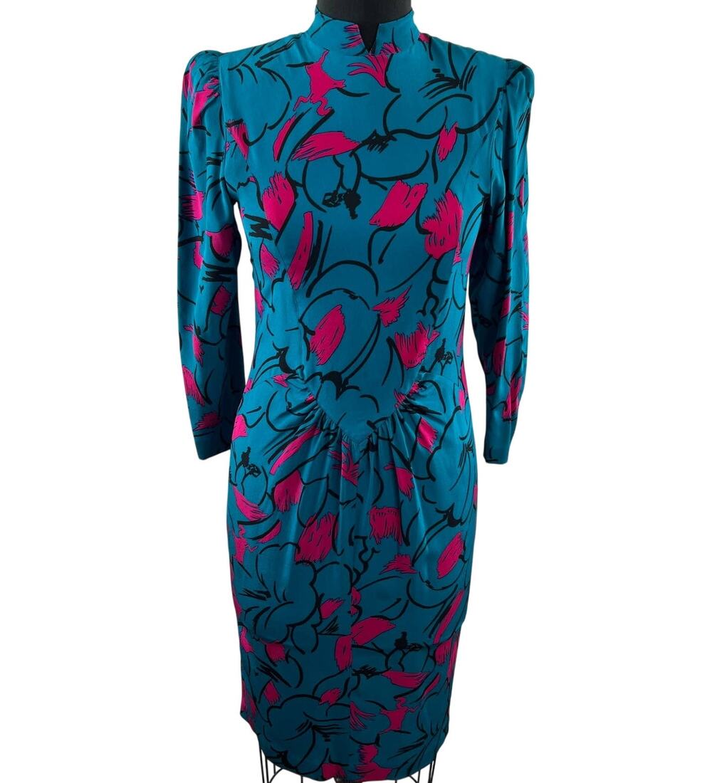 VTG Women's Blue Pink Neon Retro Long Sleeve Puff Shoulder Mock Midi Dress XS